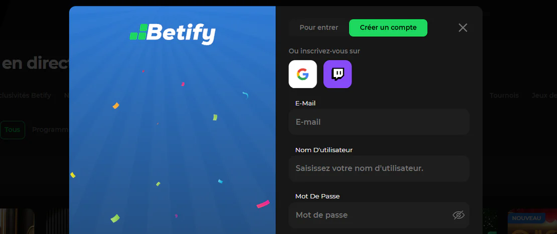 Betify Casino formulaire d’inscription avec Google, Twitch, e-mail, nom d’utilisateur et mot de passe